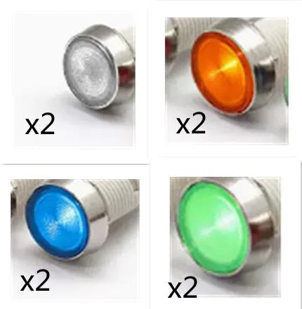 10mm waterproof indicator light with stainless steel edge in multiple colour options on a white background.