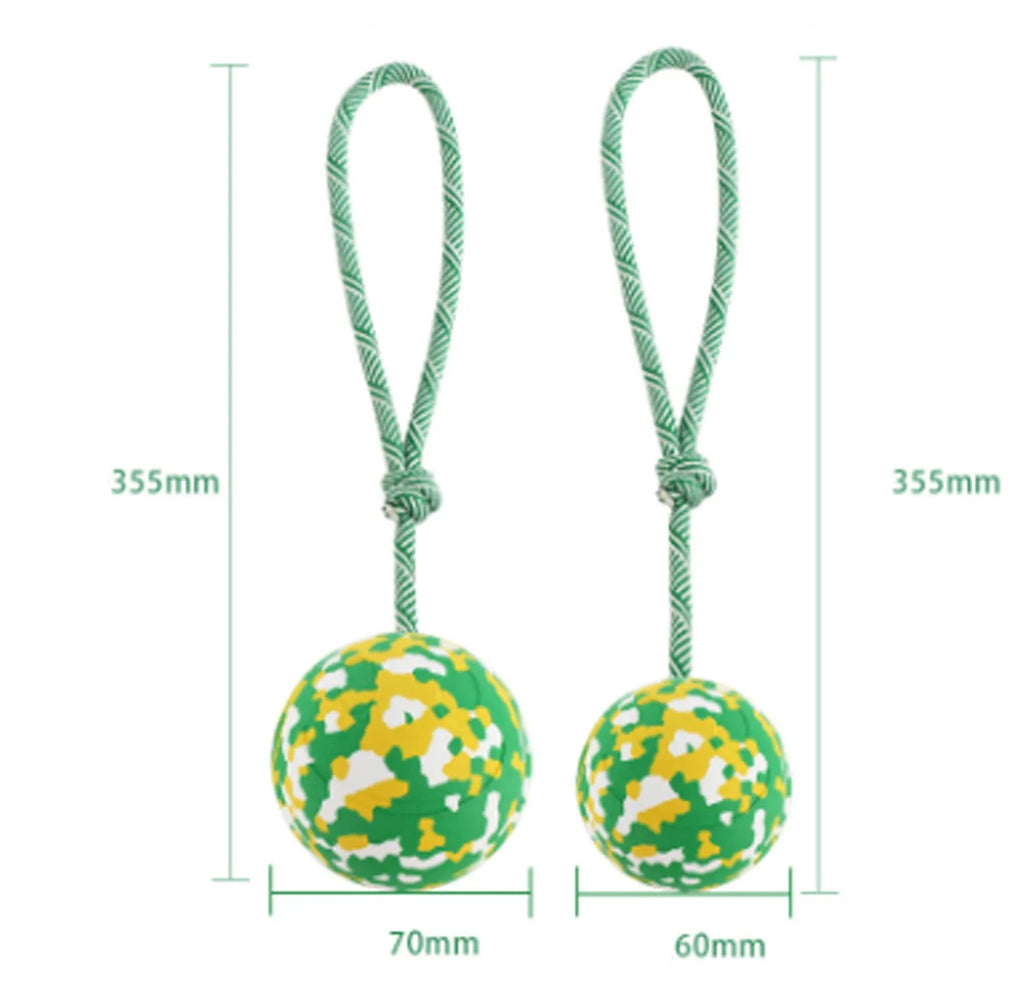 Dog ball on rope toy with natural rubber ball and nylon rope for interactive play