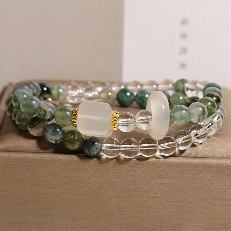 Green grass agate crystal bracelet for women with double circle white agate cube sugar flexible ring