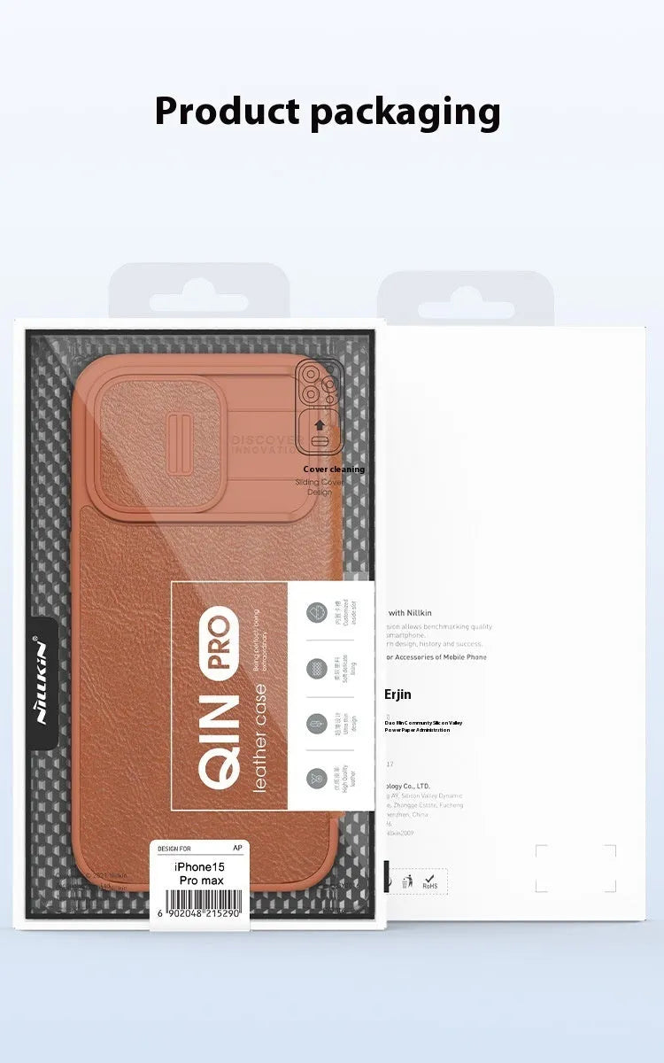 PRO imitation leather flip phone case for iPhone 15 models in black, brown, or red.