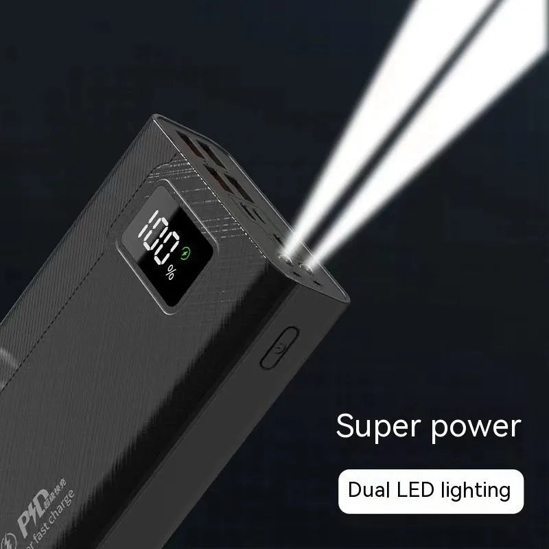Black and white large capacity power bank with fast charging function showing dimensions