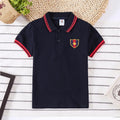 Boy's short sleeve cotton T-shirt with a lapel collar in a solid colour.