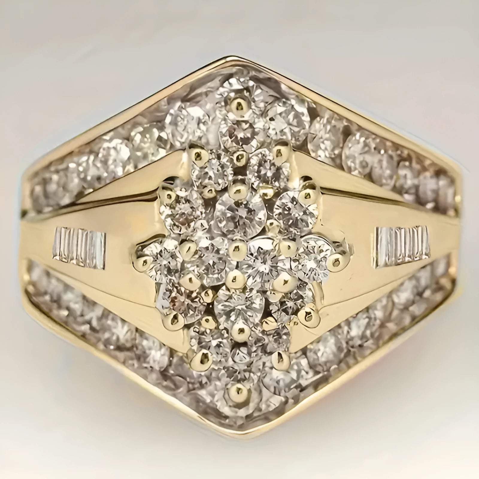 Geometric heavy industry style ring with electroplated gold finish on copper construction
