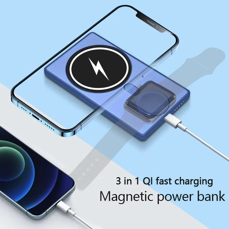 Ultra-thin black magnetic wireless charging power bank showing three output ports and compact design