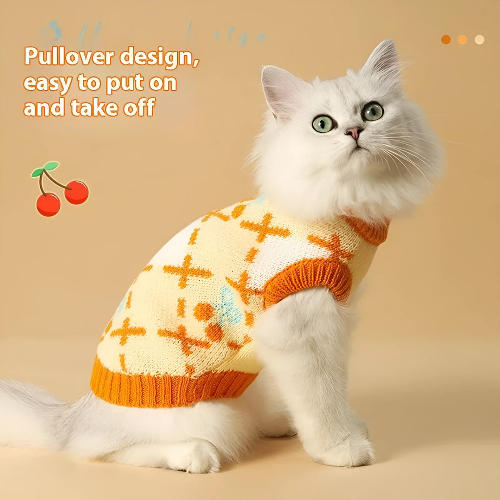 Orange cat sweater for autumn and winter wear, shown on a cat, with sizing options from S to XL.