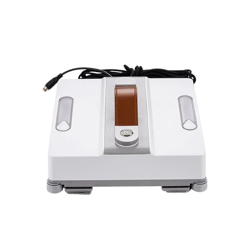 White intelligent window cleaning robot with four water spray nozzles for automated high-rise window maintenance