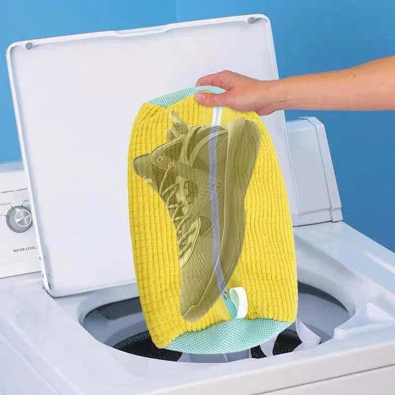 Shoe Cleaning Laundry Bag made of chenille fabric, designed to gently clean sneakers and tennis shoes in the washing machine