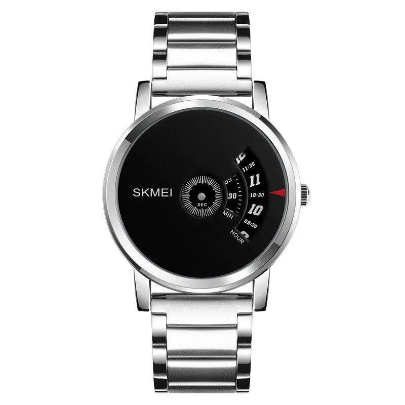 Men's business watch with 39mm dial, alloy case, stainless steel watch-buttom, and steel belt in silver or black.