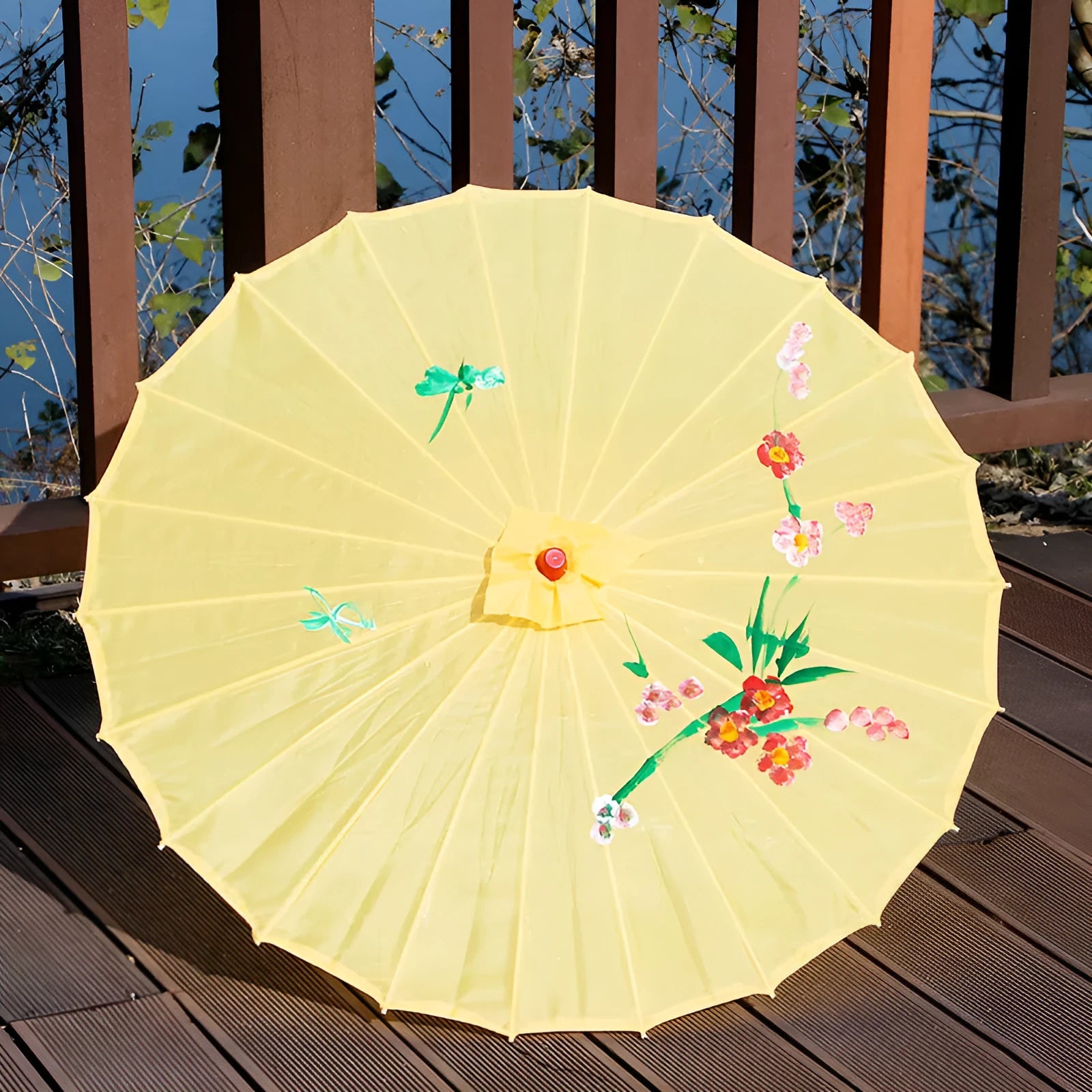 Handmade Chinese style silk dance umbrella with wooden pole, available in bright red and other colours