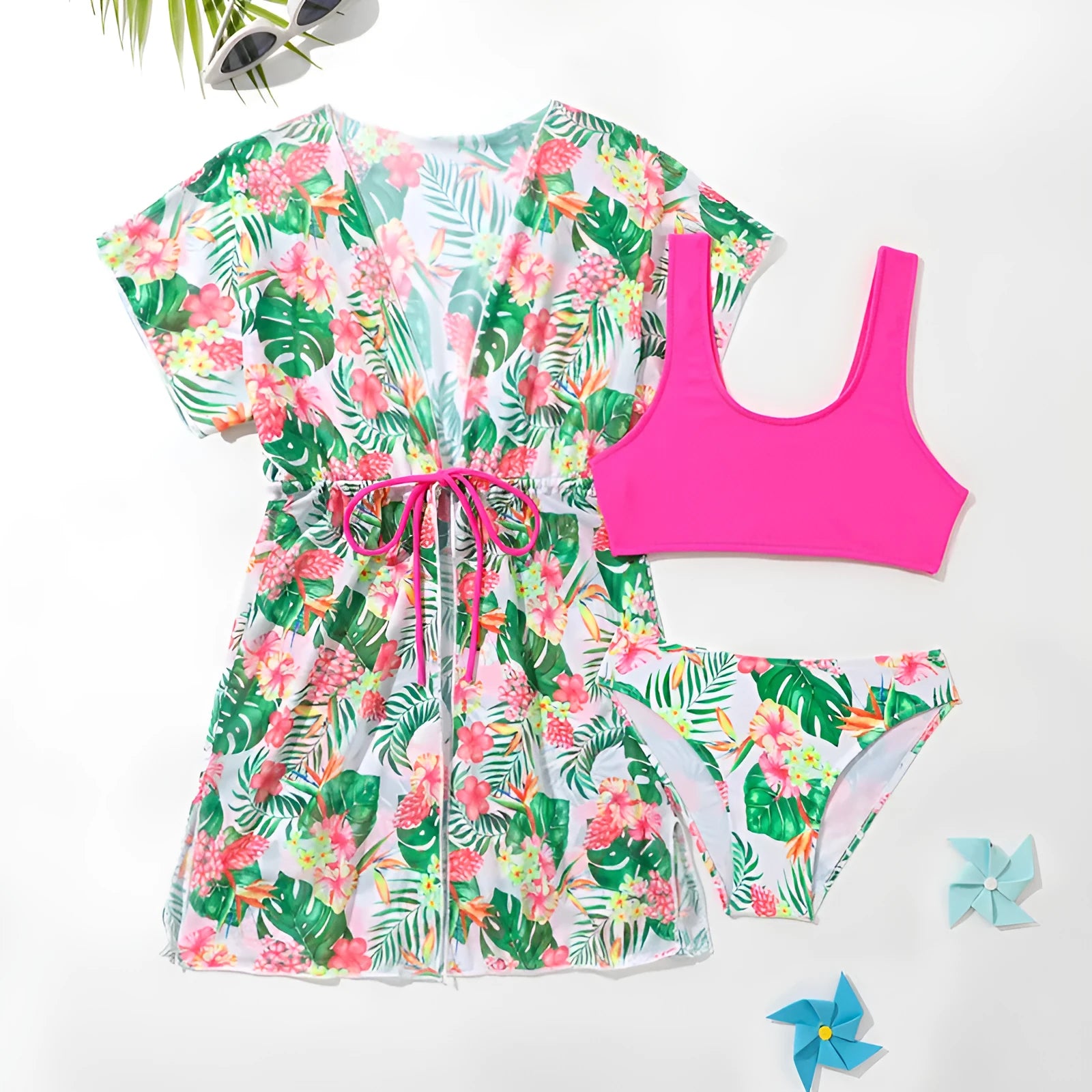 Girls' floral two-piece swimsuit in polyester fabric for swimming