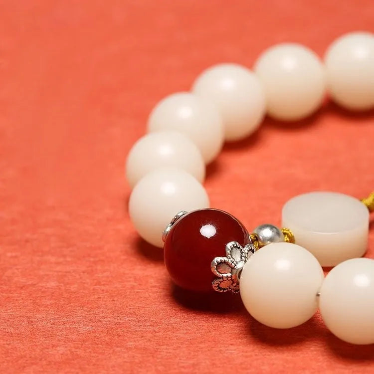 White jade bodhi couple bracelet with 10mm beads and Ruyi charms in national style design