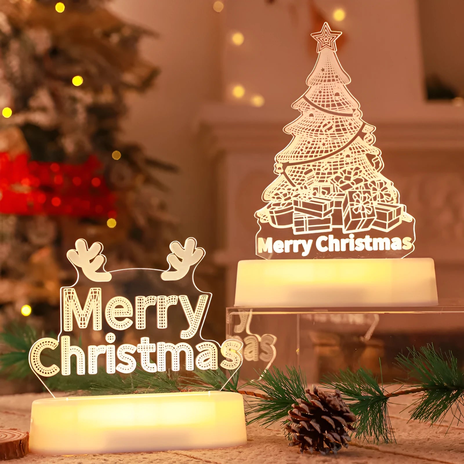 3D acrylic LED decorative lamp with Christmas tree design glowing with warm white light
