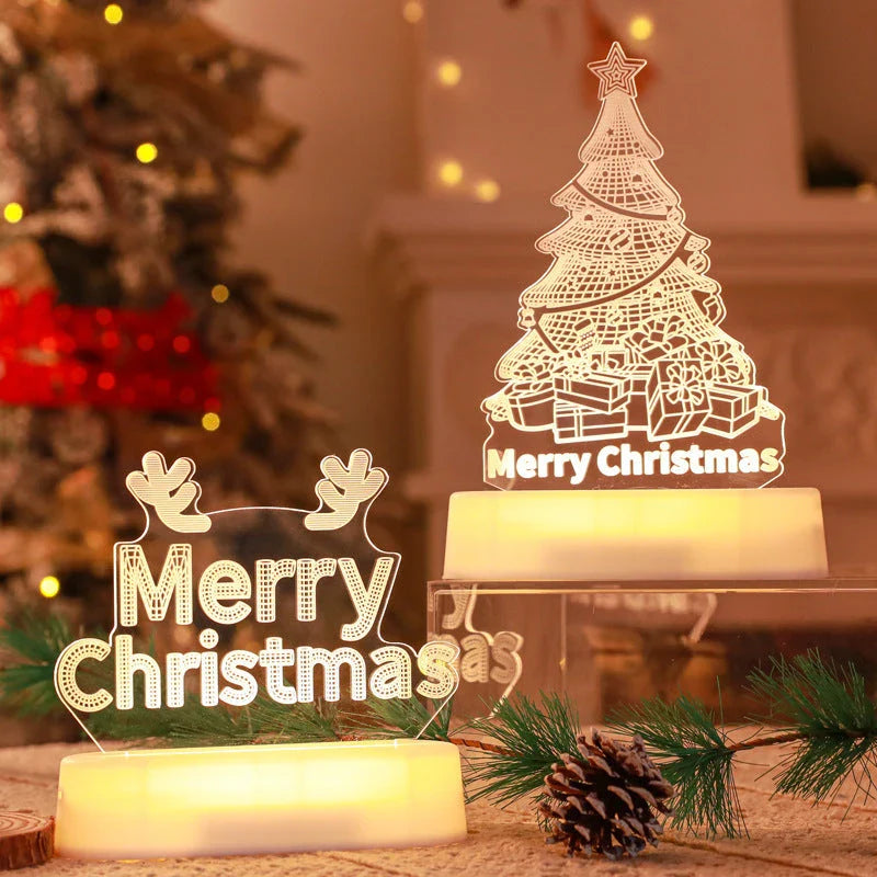 Festive 3D acrylic LED Christmas night lights in various holiday-themed designs, including Christmas trees, elks, and Christmas dwarfs.