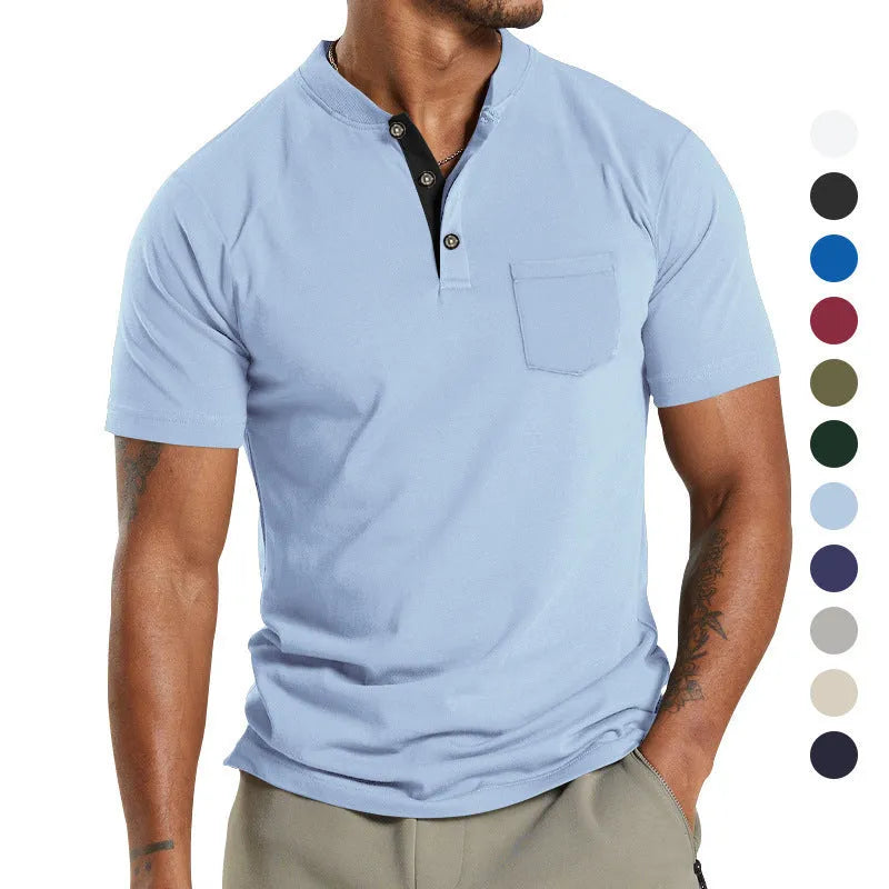 Men's plus size short sleeve polyester shirt with a button pocket in a solid colour