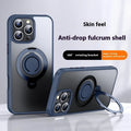Frosted blue Apple iPhone protective phone case with integrated pull ring bracket and magnetic suction on a white background