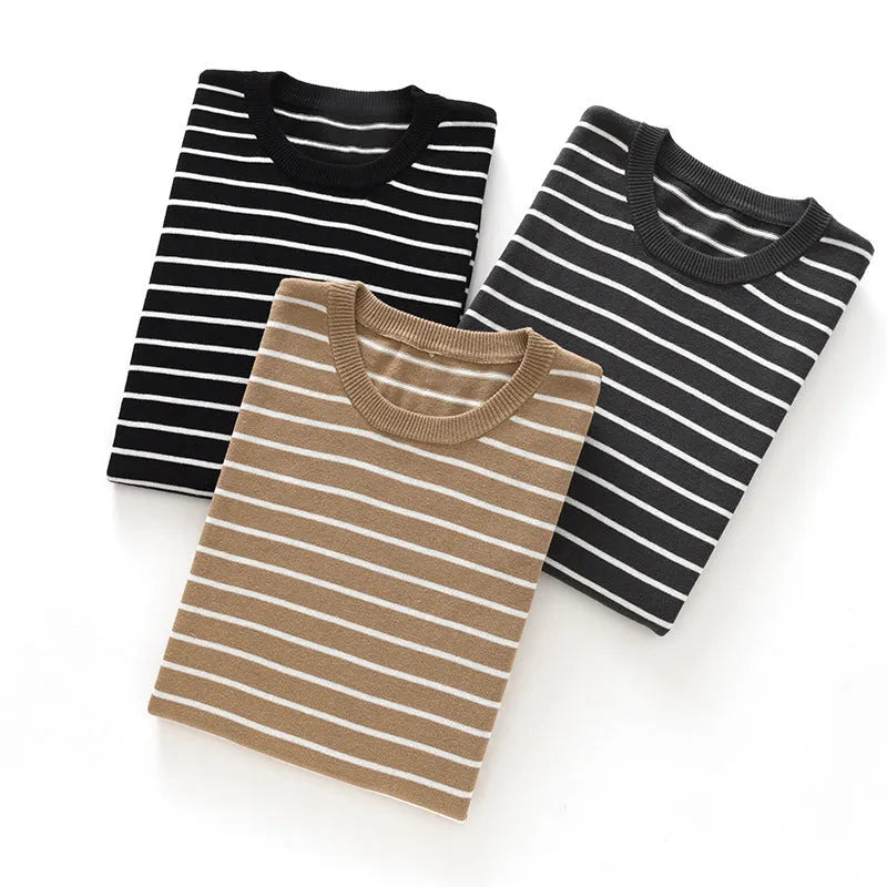 Men's striped short sleeve round neck pure cotton top in gold camel, grey, or black, sizes S to XXXL