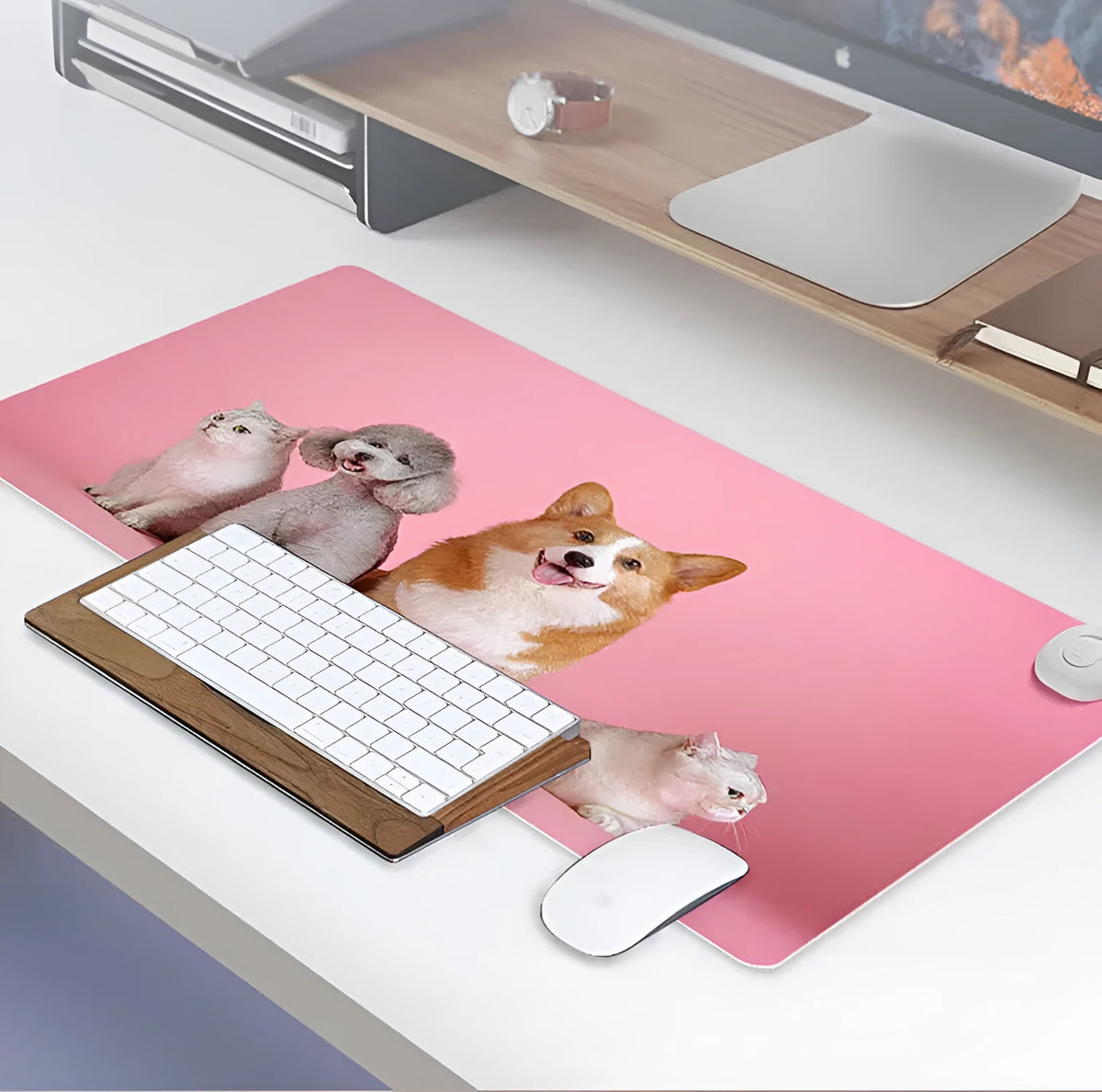 Intelligent electric heated desktop mat with touch controls and three-colour indicator lights on a wooden desk.