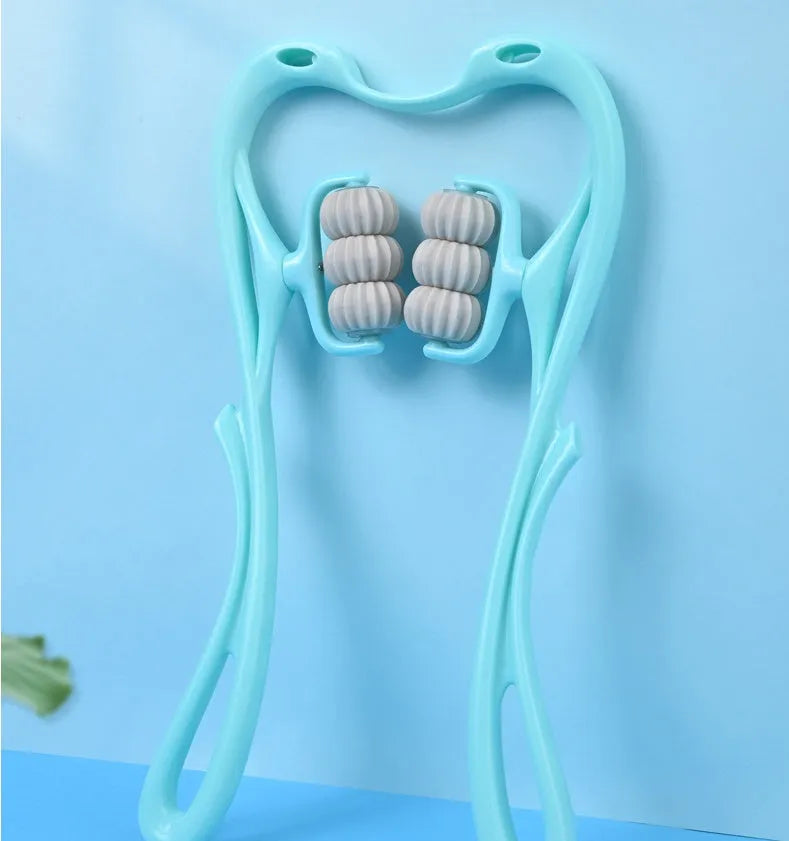 Blue swan-shaped six-wheel manual neck massager with rotating balls and natural jade scraping board on white background