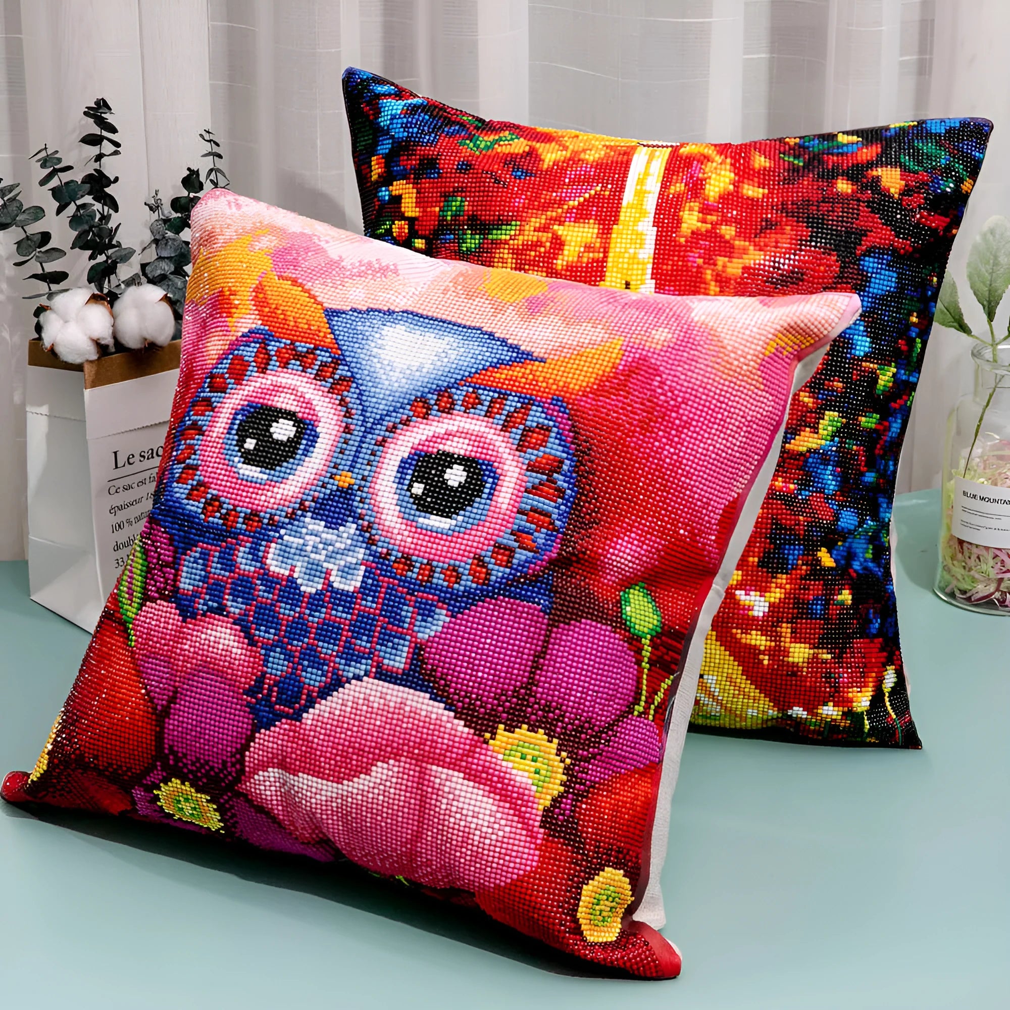 DIY full diamond drawing cotton pillowcase 40x40cm with resin diamonds and craft kit on white background