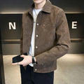 Men's suede lapel spring jacket in brown or black with long sleeves, side seam pockets and polyester lining