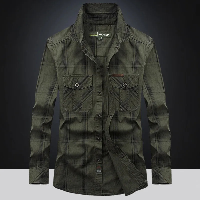 Men's plus size loose cargo cotton shirt in khaki, sapphire blue or army green, sizes M to 5XL, half sleeve.