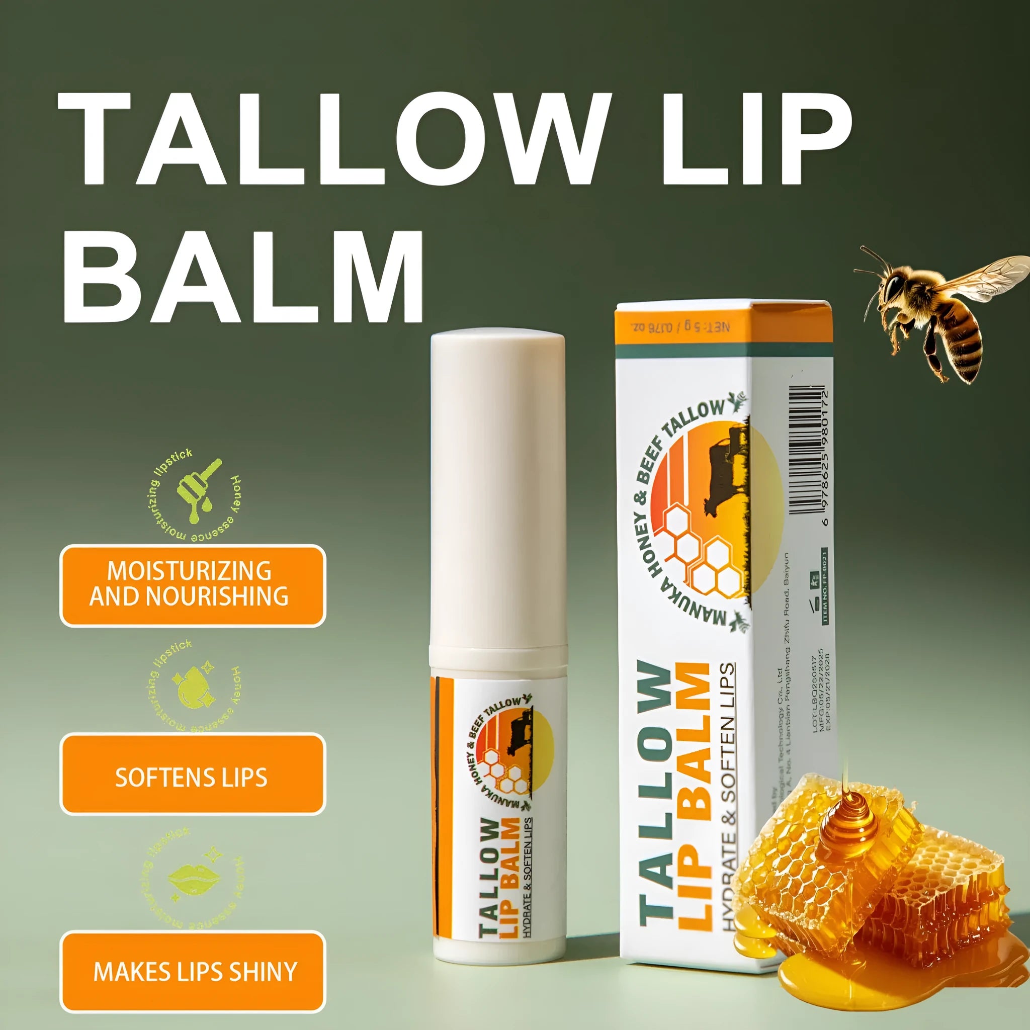 A 5g tallow lip balm stick in a silver tin case measuring 83mm long.