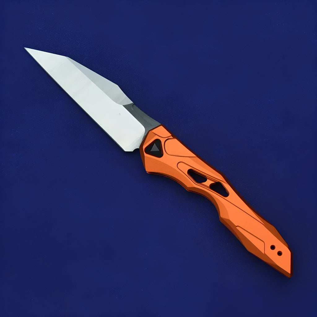Black folding fruit knife with D2 steel blade and aviation aluminium handle in open position