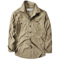 Cotton men's loose fit military style long sleeve shirt in khaki, front view, available in sizes M to 6XL