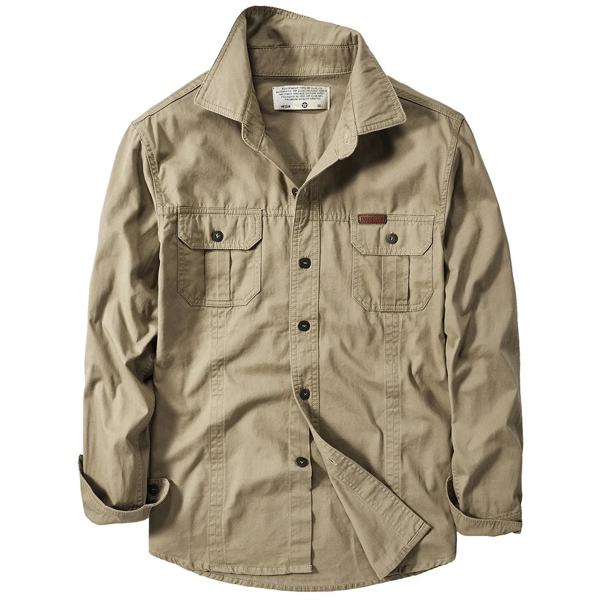 Cotton men's loose fit military style long sleeve shirt in khaki, front view, available in sizes M to 6XL