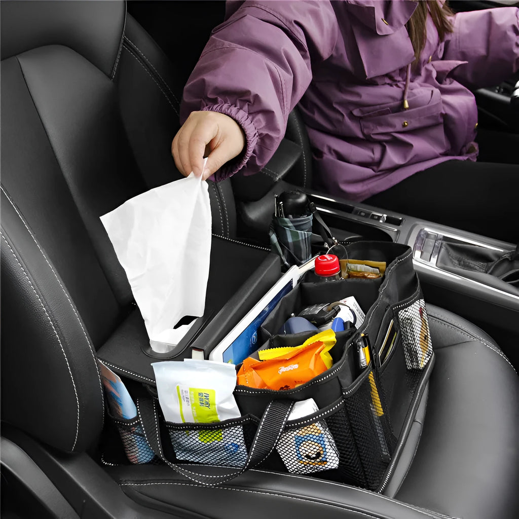Black Oxford cloth car boot storage box with dimensions 33cm by 33cm by 16cm