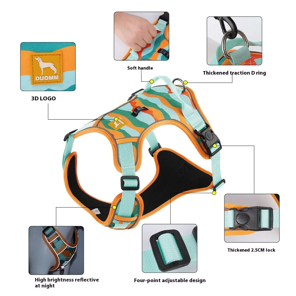 Orange reflective dog chest and back harness lead for walking safety.