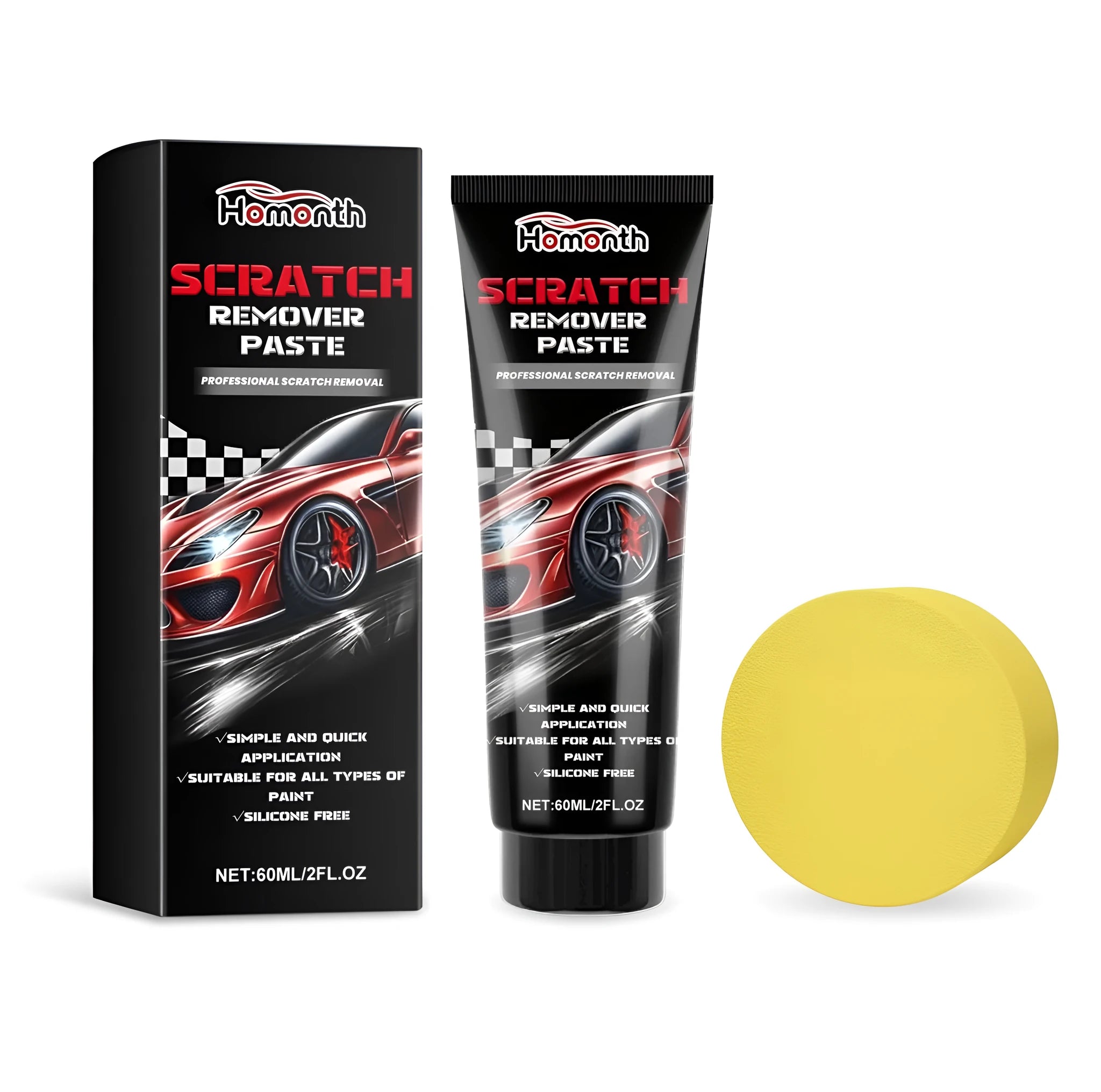 Car scratch remover paste in plastic bottle with applicator sponge for paint blemish repair