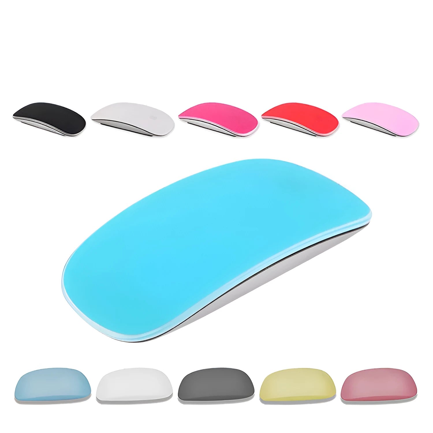 Silicone Magic Mouse cover skin in black on a white desk next to an Apple Magic Mouse