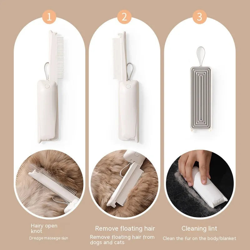 Pet grooming brush with ergonomic handle for cats and dogs with massage epilator function