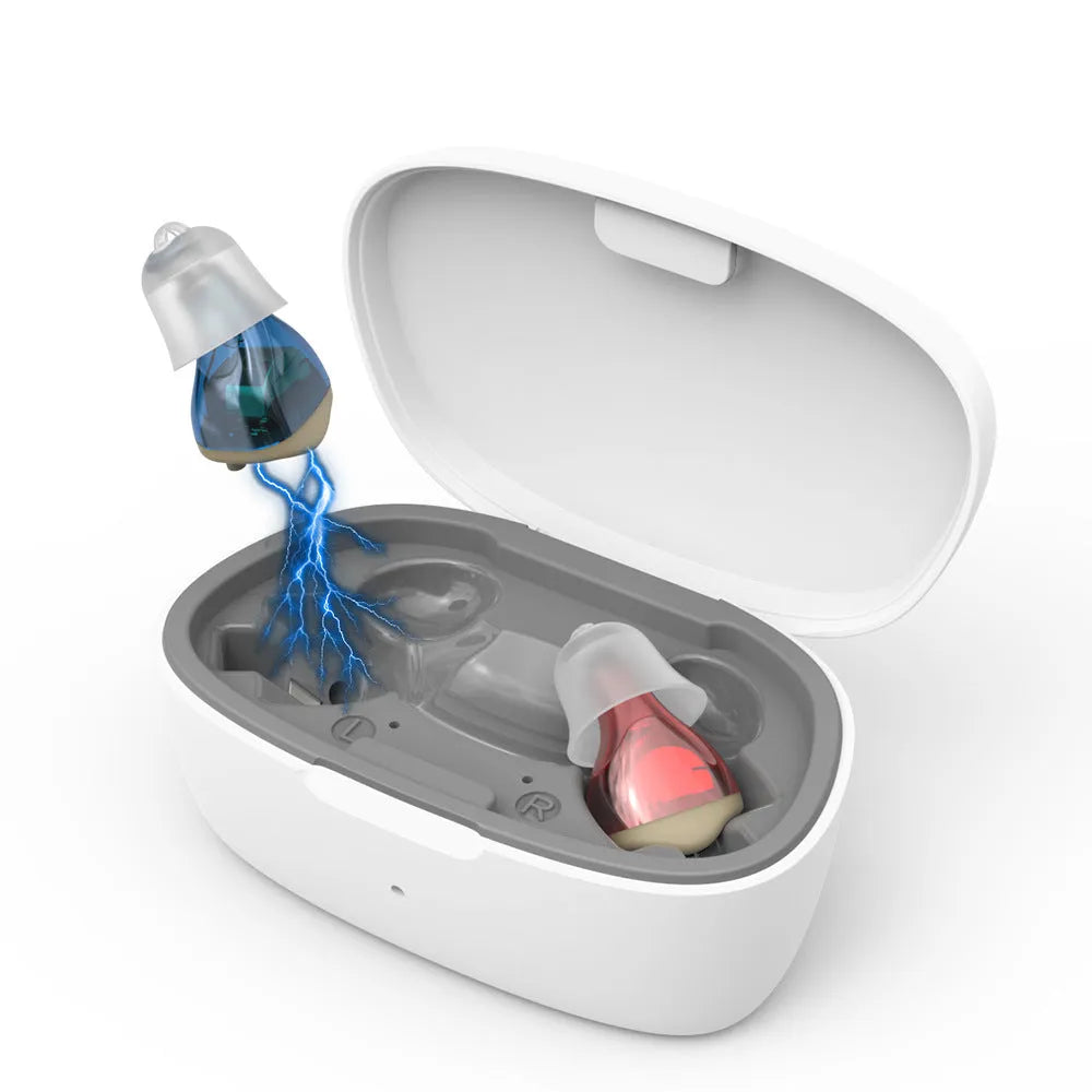 Portable in-ear hearing aid sound amplifier with USB charging, plastic body, colour options