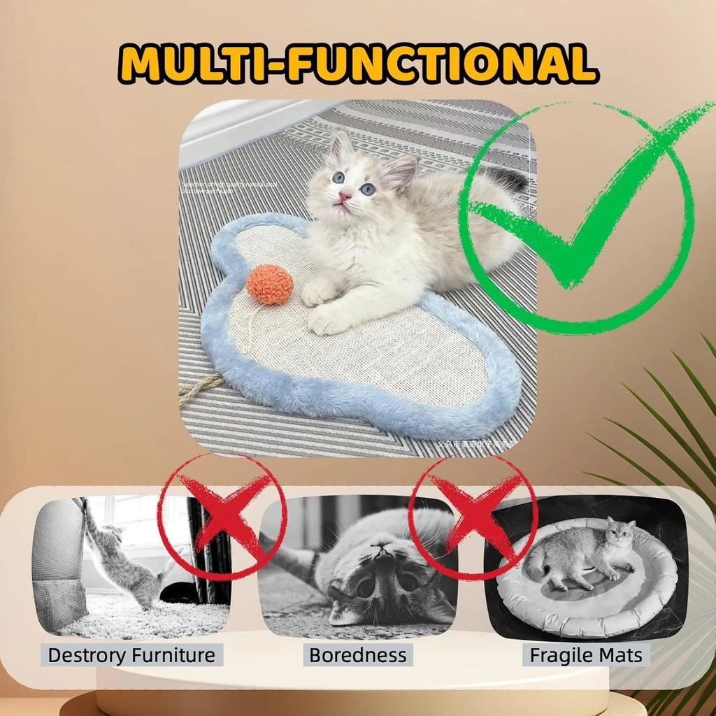 White wall-mounted cat scratching mat with sleeping cat cartoon design on natural sisal material