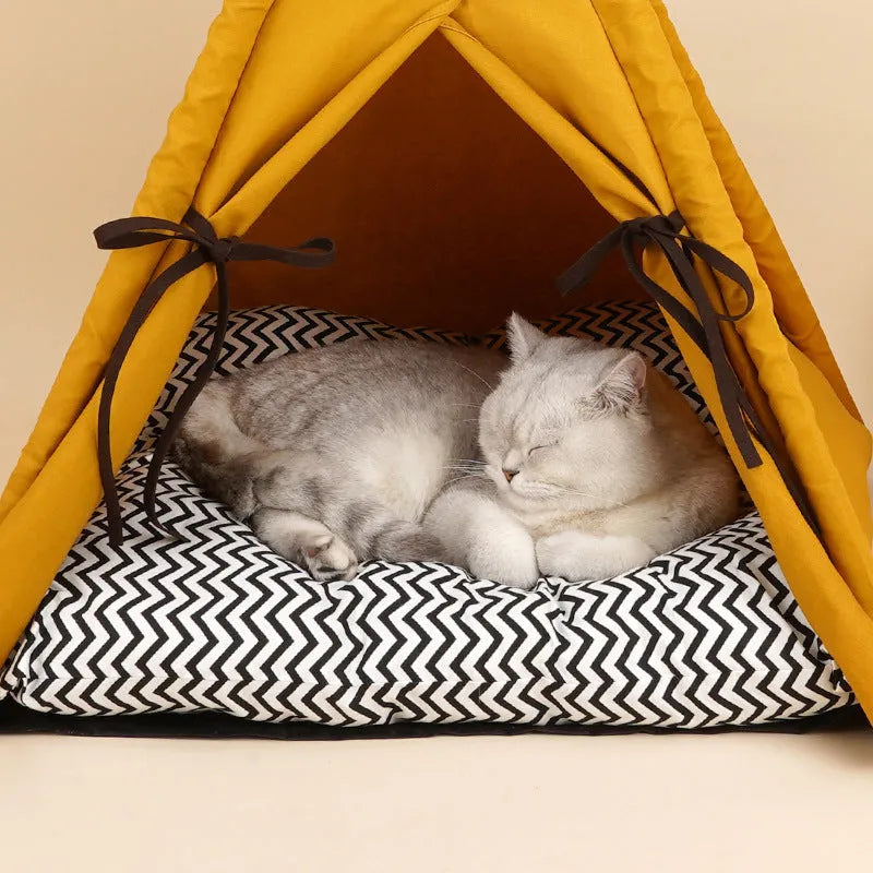 Sunset yellow semi-enclosed cat tent pet bed made from soft cloth with removable washable cover
