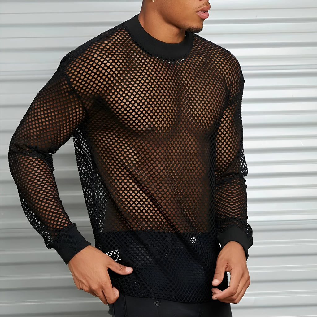 Black men's long sleeve mesh pullover shirt with drop shoulders and hollow design details