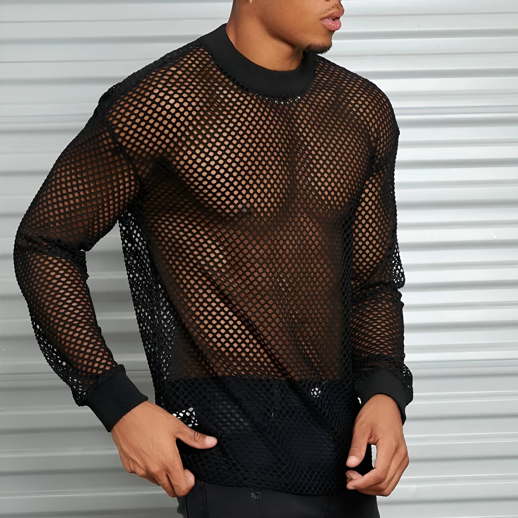 Black men's long sleeve mesh pullover shirt with drop shoulders and hollow design details