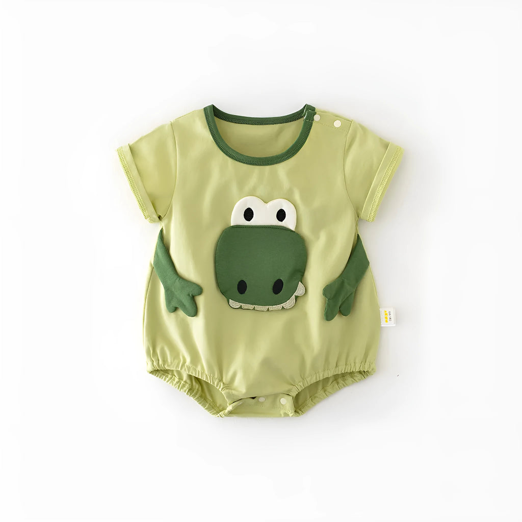 Light green cotton cartoon dinosaur full moon jumpsuit for infants with pullover closure