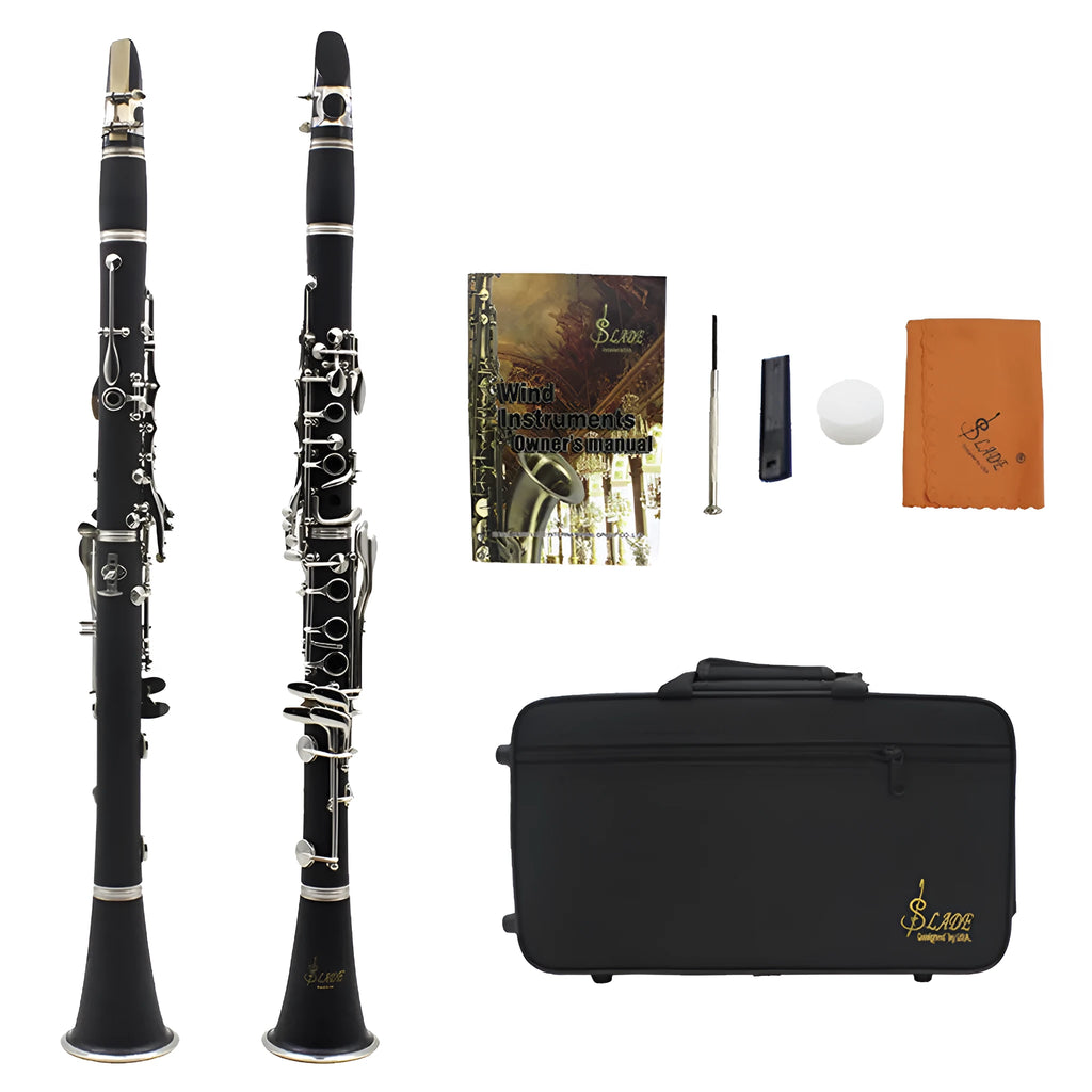Black Bakelite beginner clarinet with nickel keys and included protective carrying bag
