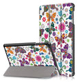 A leather-look tri-fold flip cover for a Samsung tablet showing a cartoon design.