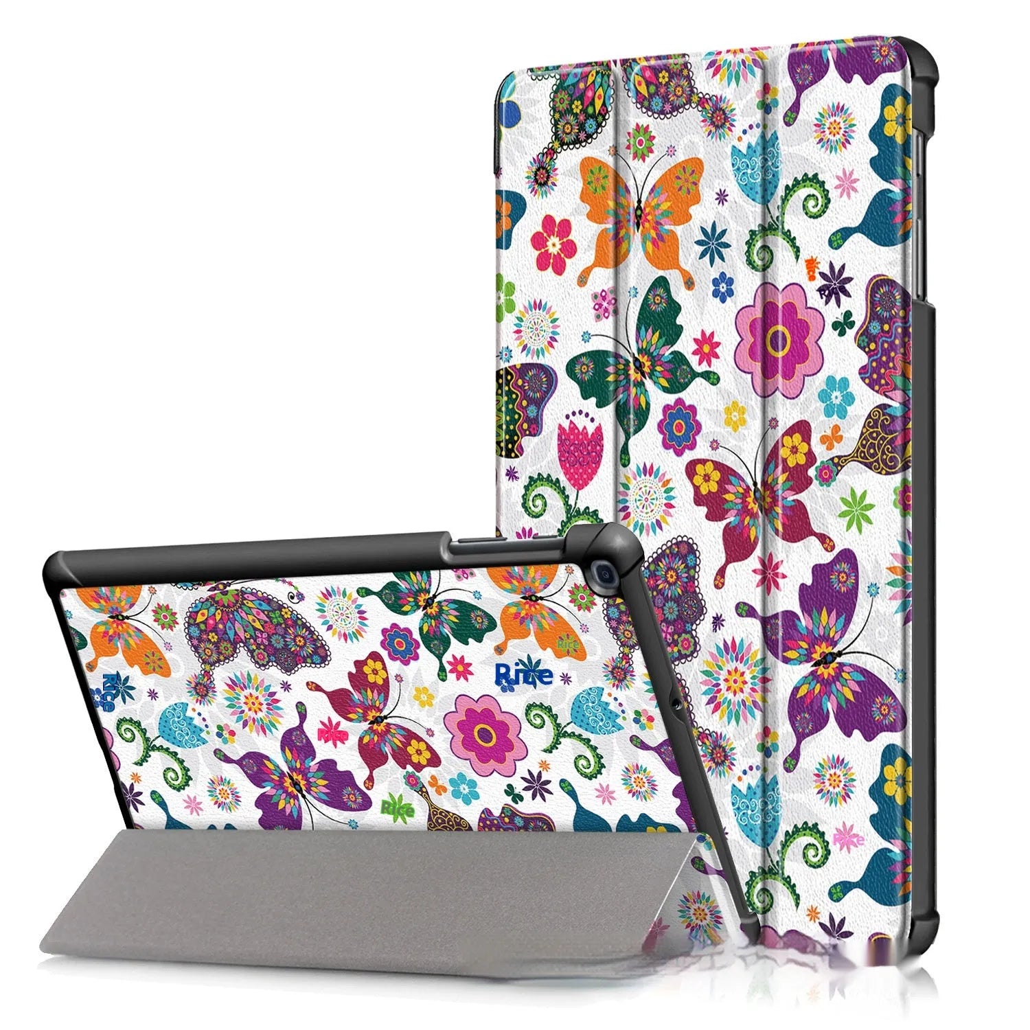 A leather-look tri-fold flip cover for a Samsung tablet showing a cartoon design.