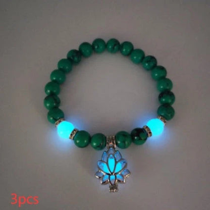 Luminous lotus charm bracelet with mesmerizing glow-in-the-dark beads, made of premium alloy and turquoise fluorescent stone