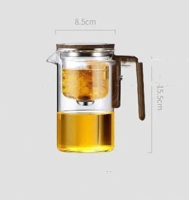 Glass tea pot with magnetic separation button, walnut wood handle, and Chinese style design