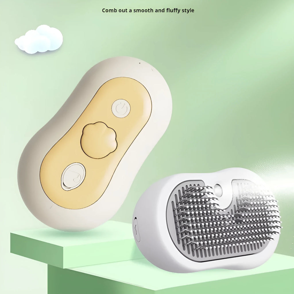 Beige coloured cordless pet grooming comb with massage teeth and spray function for cat hair removal.