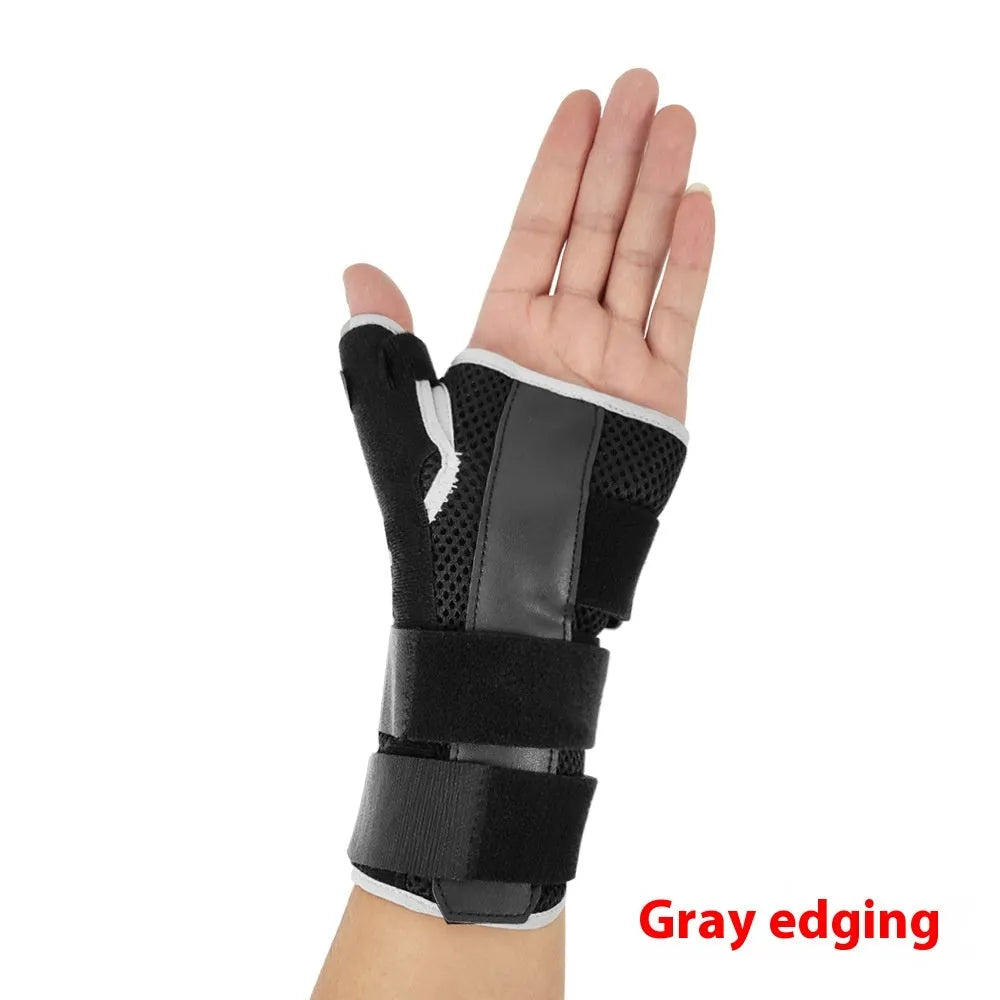 Black carbon fibre sports wrist guard with grey edging and an adjustable thumb strap for left or right hand.