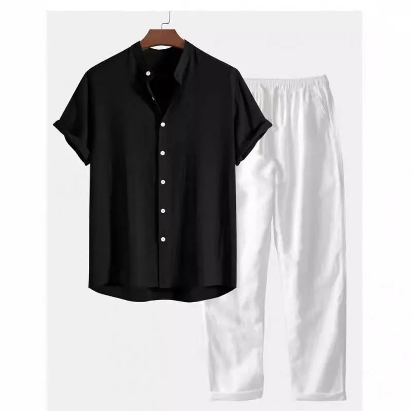 Men's casual linen-style shirt and trousers suit in loose fit with short sleeves
