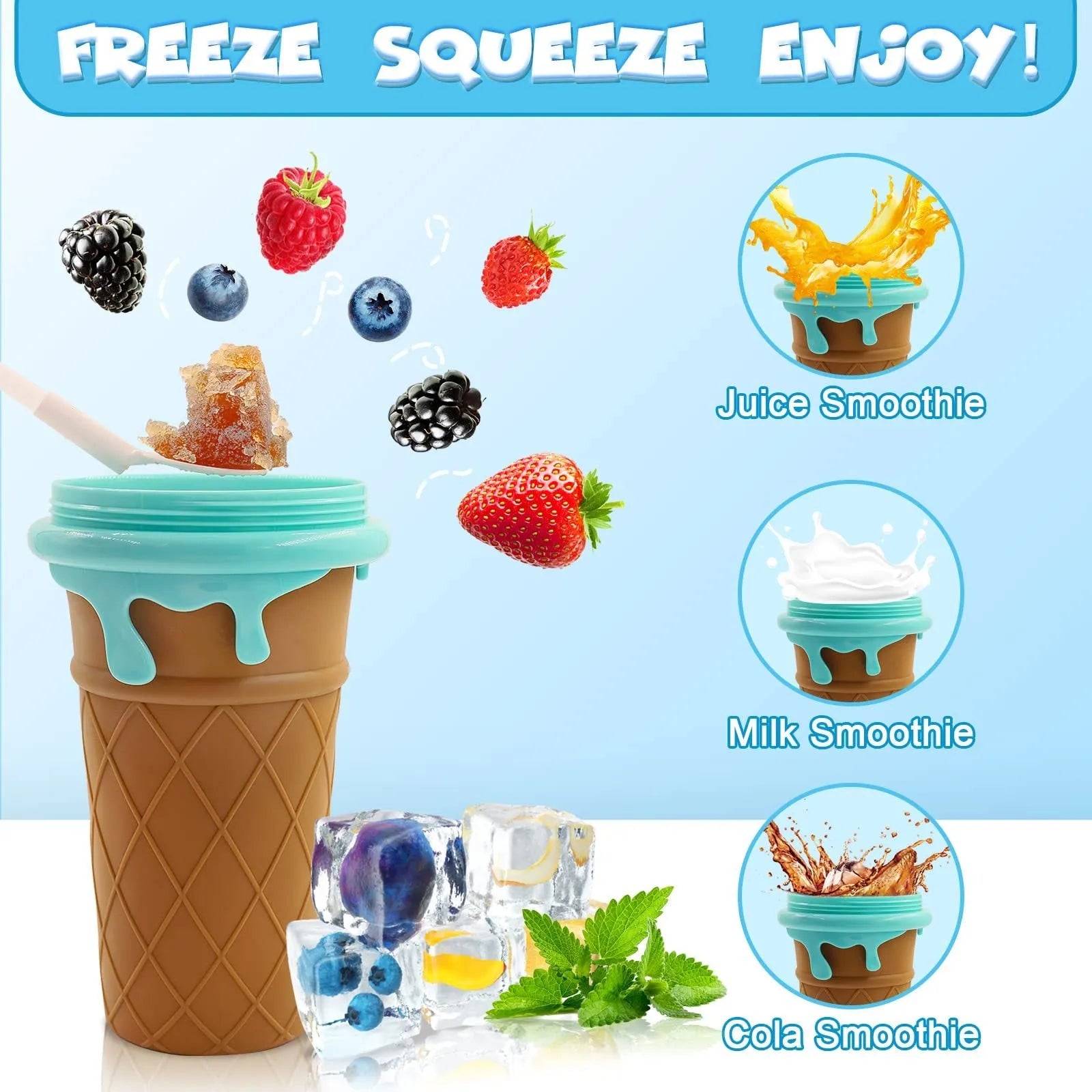 Blue 500ml silicone slushy maker cup for homemade smoothies and desserts