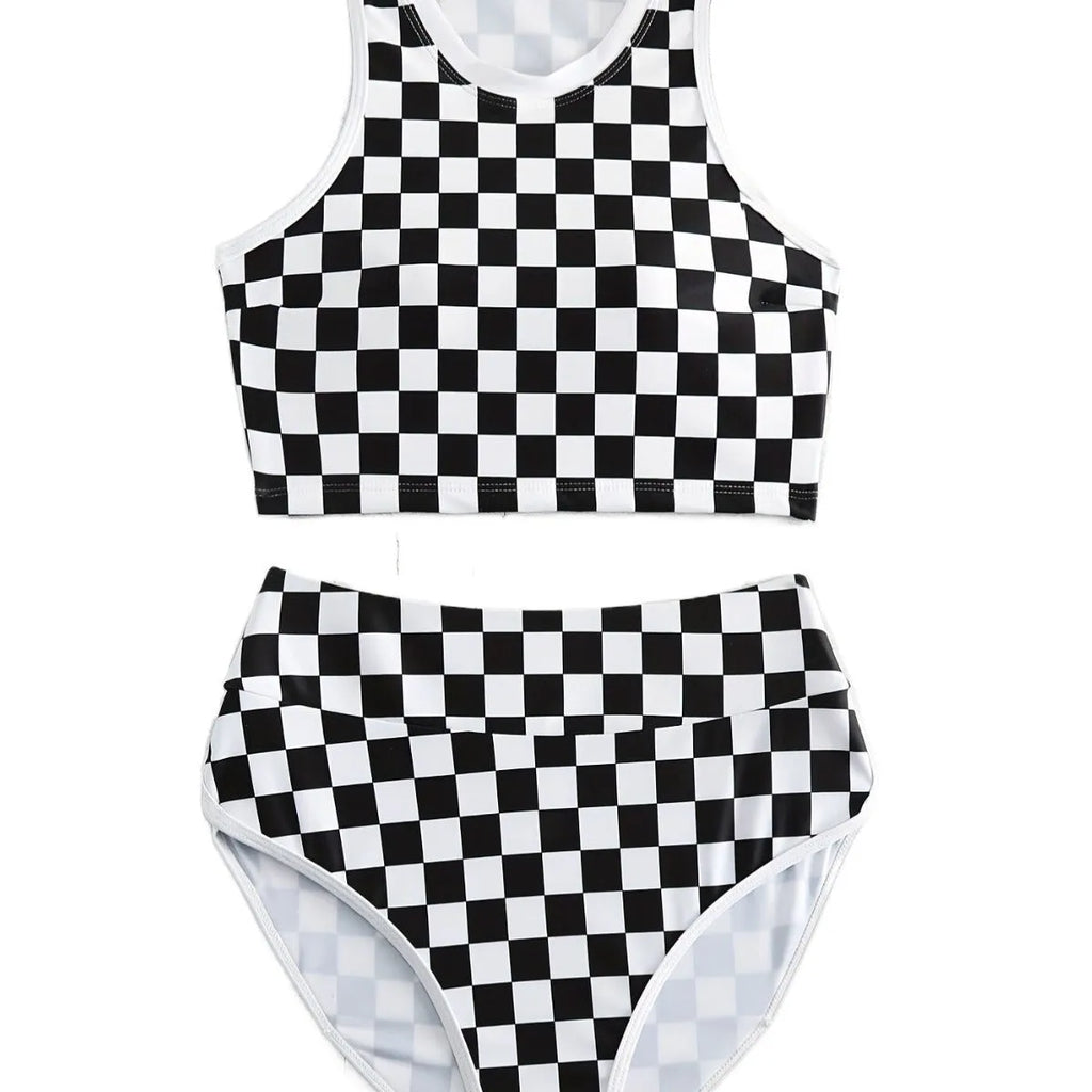 Checkered racing one-piece swimsuit with backless design and suspender straps